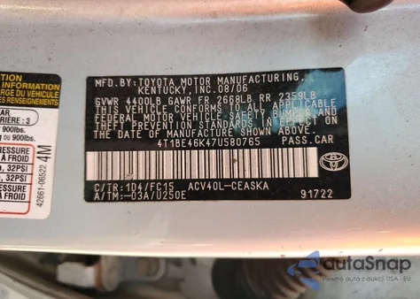 2007 Toyota Camry Ce z USA, uszkodzony, nr VIN 4T1BE46K47U580765
